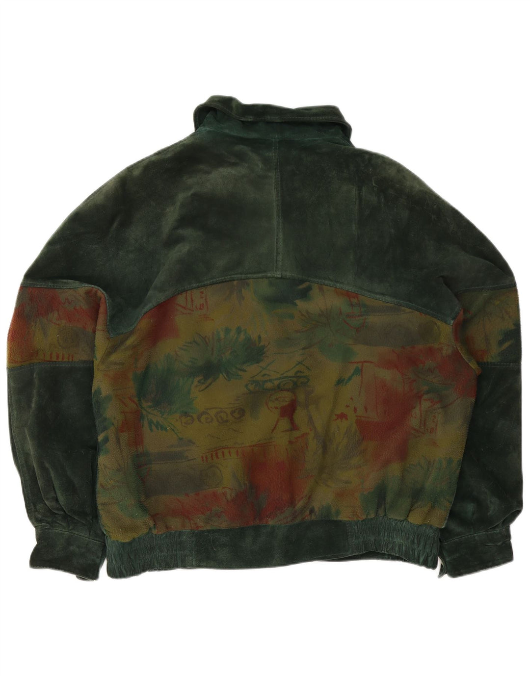 Bomber vintage da uomo in pelle scamosciata con motivo astratto IT 50 grande in pelle verde