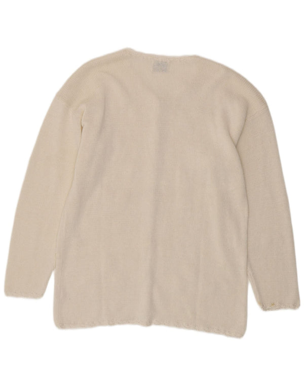 Maglione cardigan da donna vintage UK 16 Grande ramiè floreale bianco