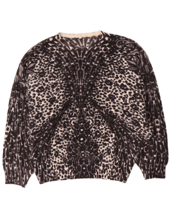 Maglione maglione girocollo da donna vintage UK 14 Lana con stampa animalier grigio medio