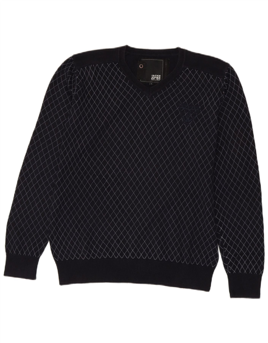 JACK & JONES Mens V-Neck Jumper Sweater Large Navy Blue Check Cotton