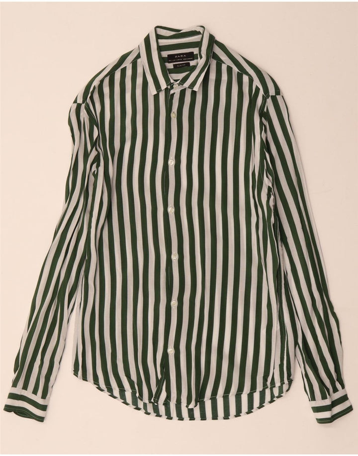 Camicia ZARA Uomo Slim Fit Piccola Rigata Verde in Viscosa