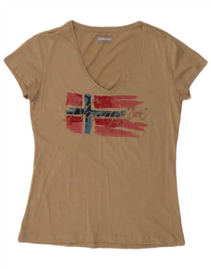 NAPAPIJRI Womens Graphic T-Shirt Top UK 14 Medium Beige