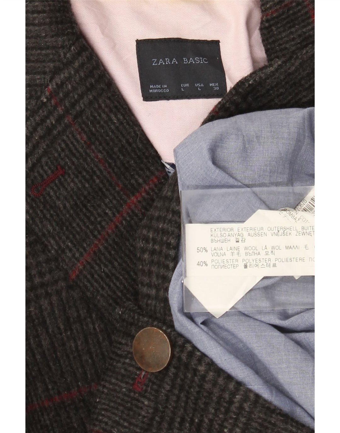 Giacca blazer a 1 bottone da donna Zara UK 14 lana a quadri grigi grandi