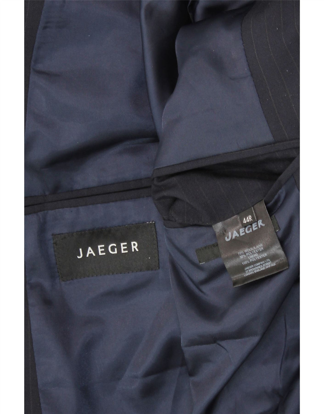 JAEGER Giacca blazer da uomo a 2 bottoni UK 44 2XL Lana gessata blu navy