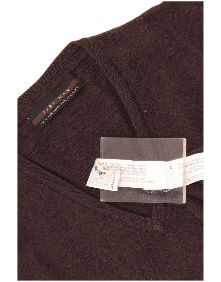 Maglione Zara da uomo con scollo a V XL in lana marrone