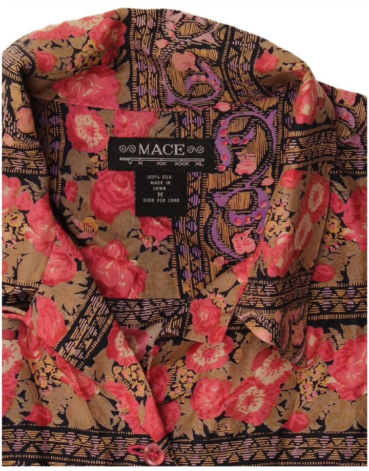 Camicetta camicia vintage da donna UK 14 Seta floreale multicolore media