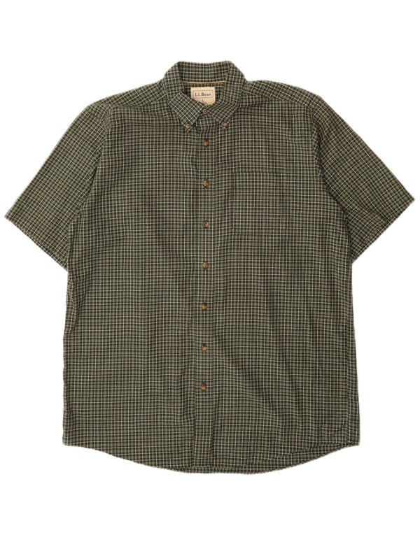 L.L.BEAN Camicia a maniche corte alta da uomo in cotone a quadri kaki grande