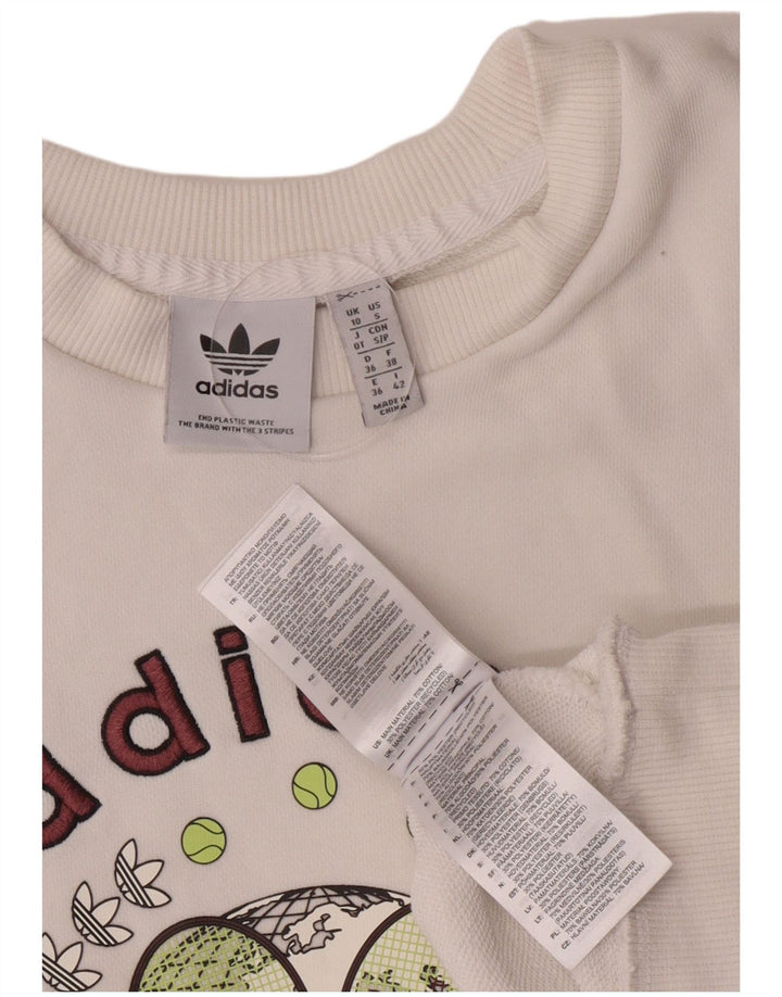Felpa oversize con grafica da donna Adidas, maglione UK 10, piccola, cotone bianco