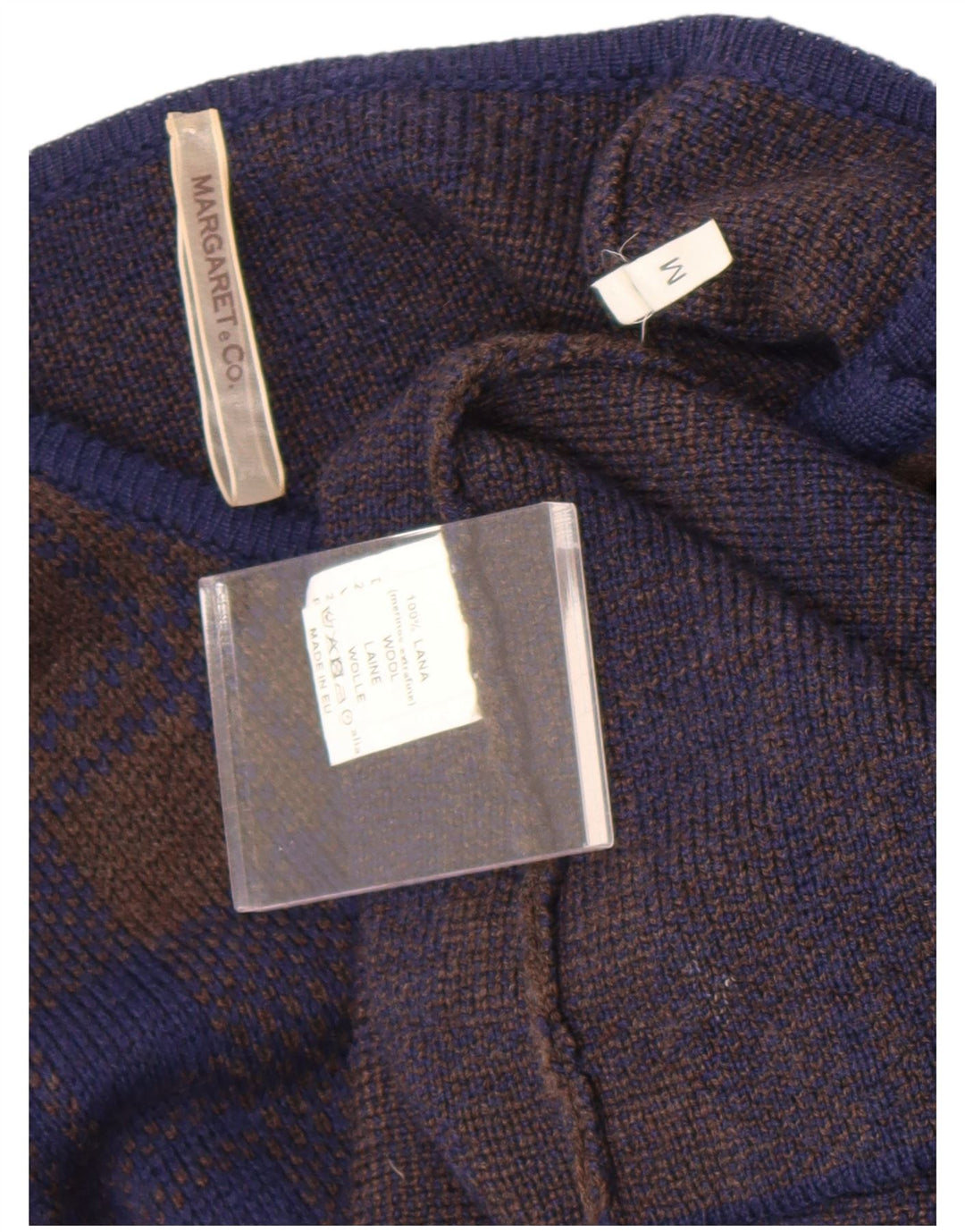 Maglione cardigan lungo da donna vintage UK 14 medio blu navy a quadri
