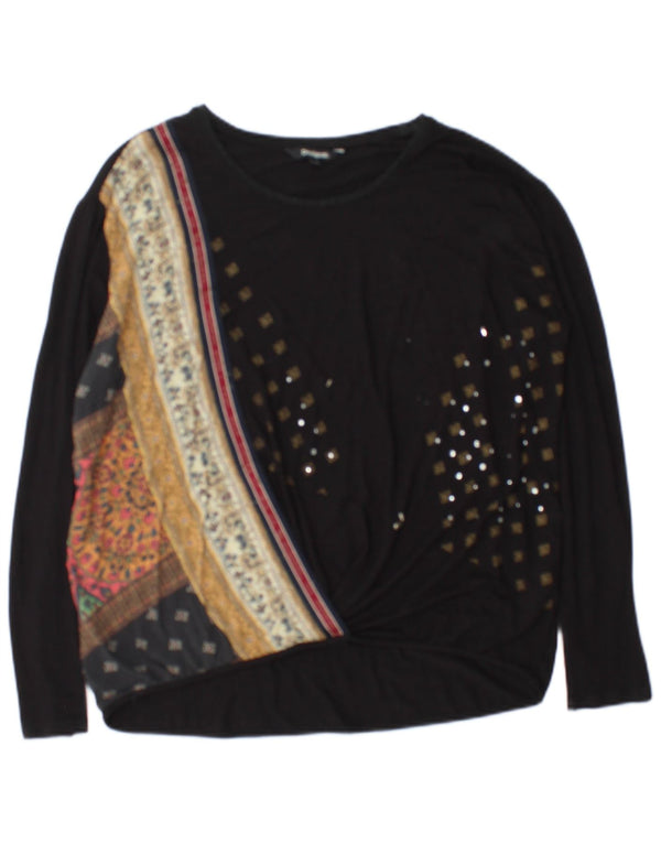 Desigual Donna Top Manica Lunga UK 14 Viscosa Floreale Nero Medio