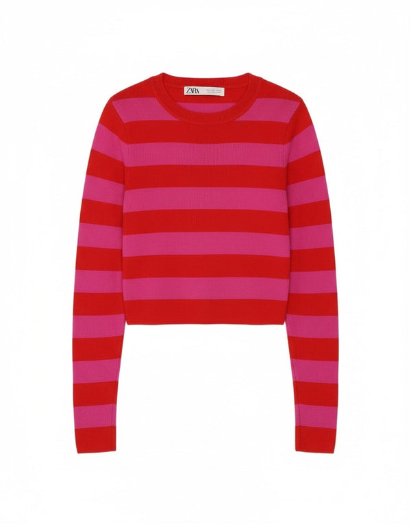 Maglione corto con scollo a barca da donna Zara UK 8 piccolo a righe rosa
