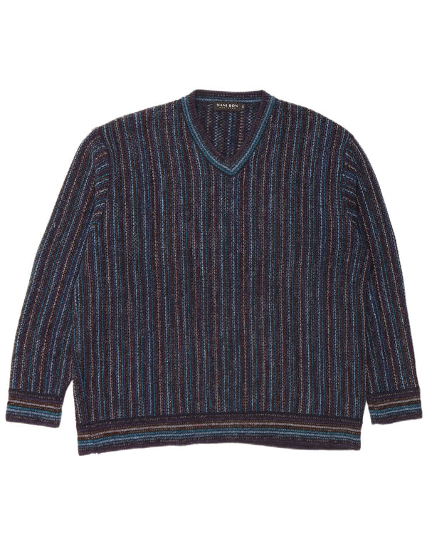 NANI BON Mens V-Neck Jumper Sweater IT 54 XL Navy Blue Striped Acrylic