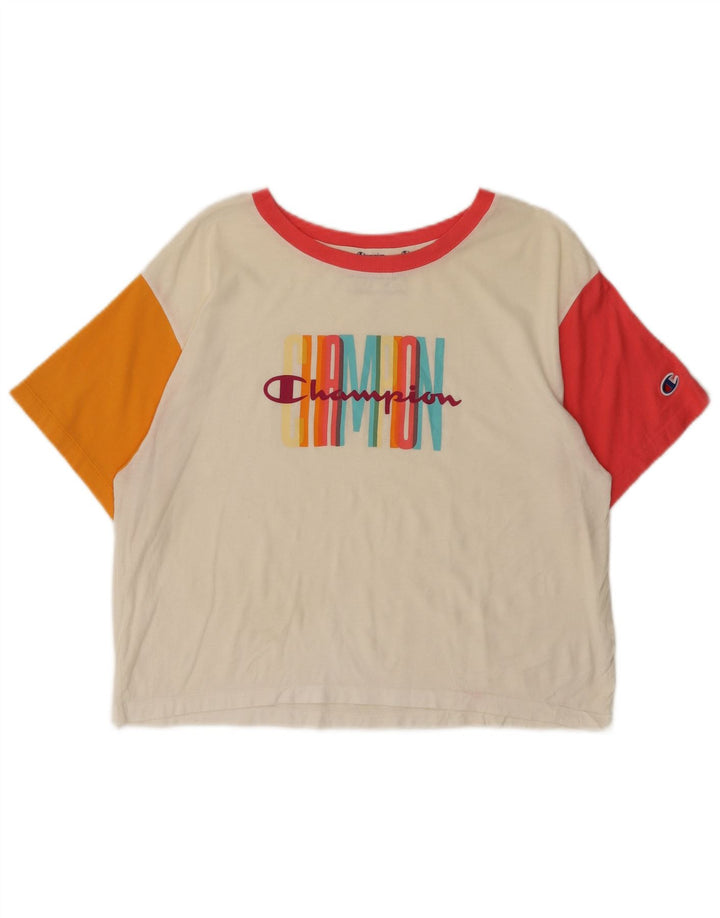 CHAMPION T-shirt corta con grafica da donna Top UK 14 Medium White Colourblock