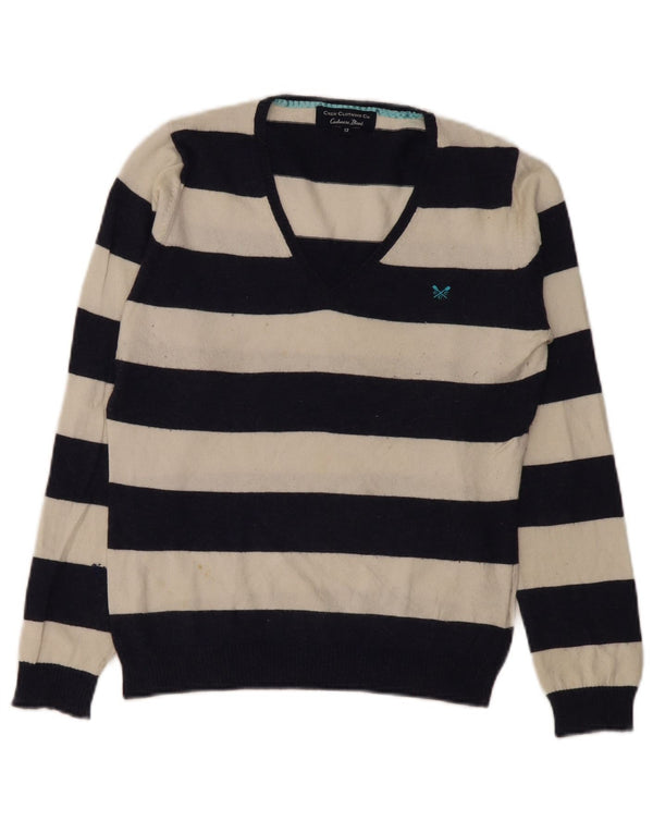 Crew Clothing Maglione da donna con scollo a V UK 12 Medio a righe blu navy