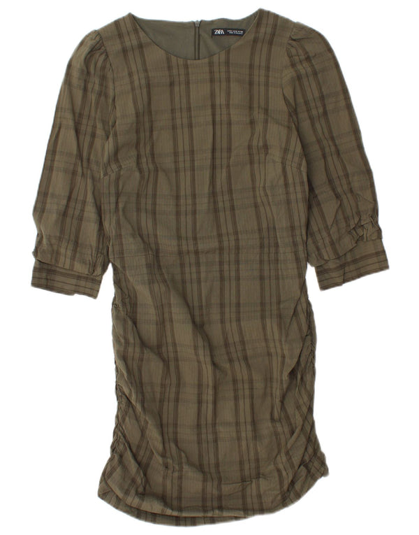 Abito a trapezio con maniche a 3/4 da donna Zara UK 12 Viscosa a quadri color kaki medio