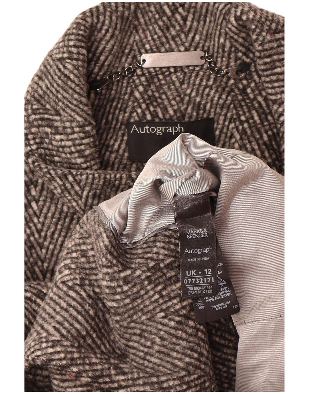 Cappotto autografo da donna Marks & Spencer UK 12 Grigio medio a spina di pesce