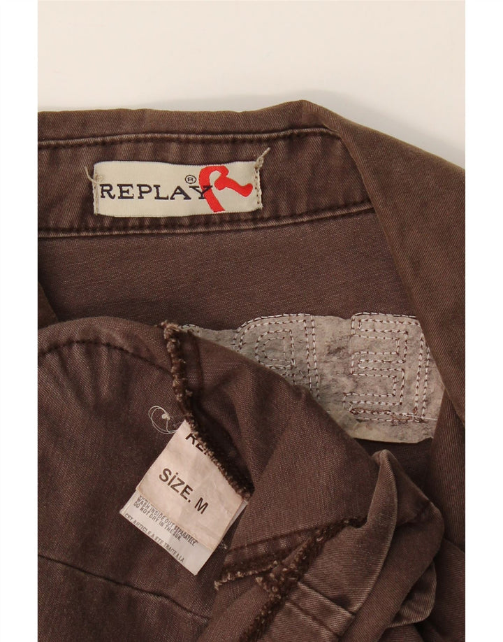 REPLAY Womens 3 Button Graphic Blazer Jacket UK 12 Medium Brown Cotton Vintage Replay and Second-Hand Replay from Messina Hembry 