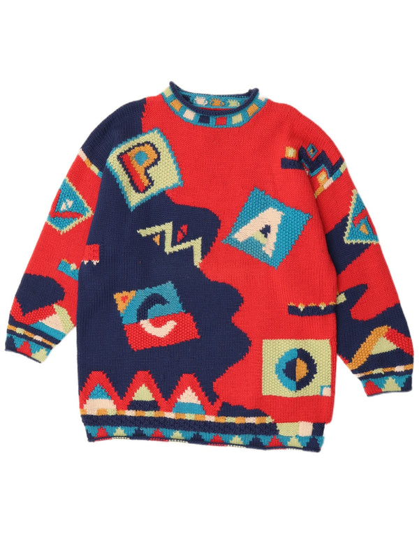 Maglione maglione vintage da donna con collo dolcevita UK 16 Grande novità geometrica rossa