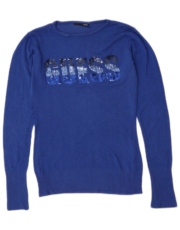 GUESS Maglione da donna con scollo a barchetta con grafica UK 12 Viscosa blu medio