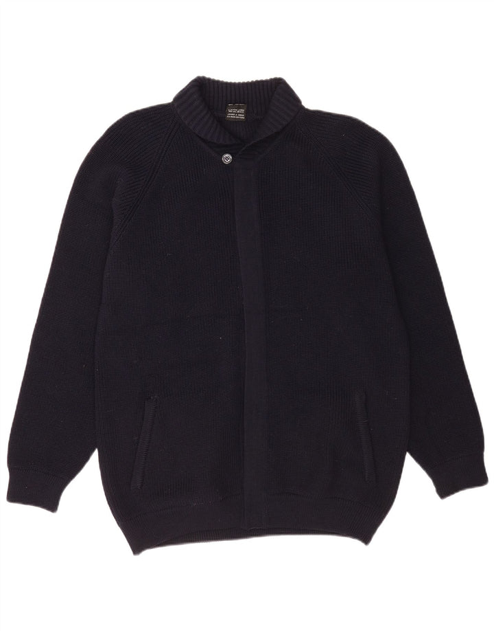 Maglione cardigan da uomo vintage in lana vergine blu navy medio