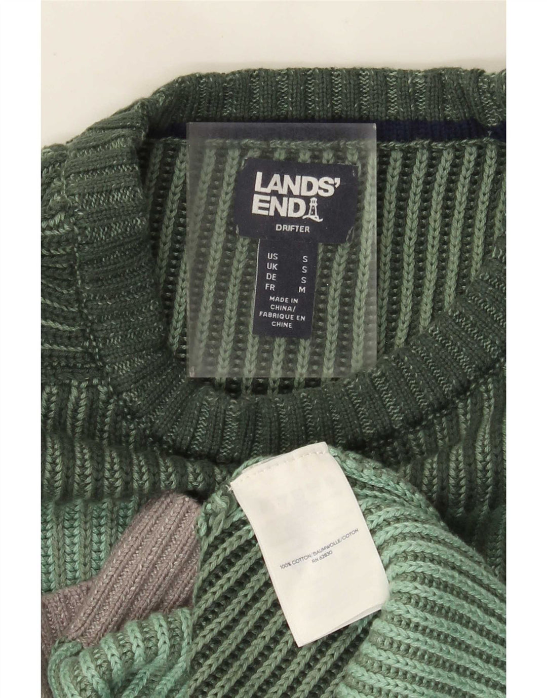 Maglione maglione girocollo da uomo Lands End piccolo cotone a righe verdi