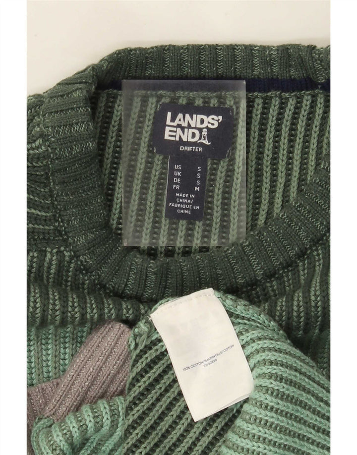 Maglione maglione girocollo da uomo Lands End piccolo cotone a righe verdi