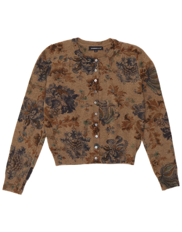 Maglione cardigan corto da donna Josephine UK 10 Lana nuova floreale marrone piccolo