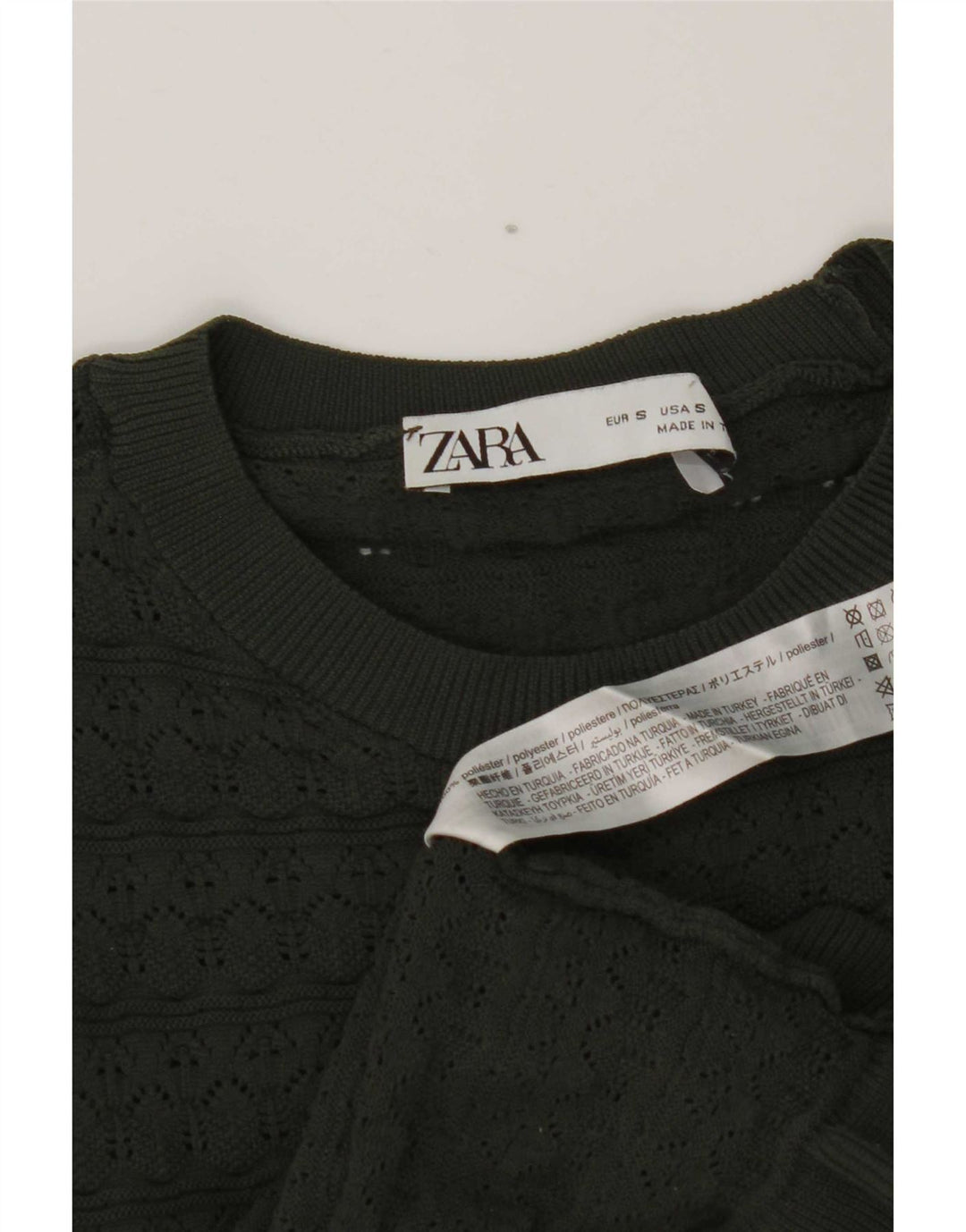 Zara Donna Top corto con volant sul davanti manica lunga UK 8 Small Poliestere kaki