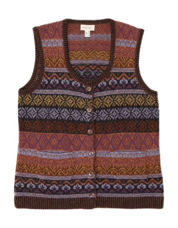 PETER HAHN Maglione cardigan senza maniche da donna UK 16 Large Marrone Fair Isle