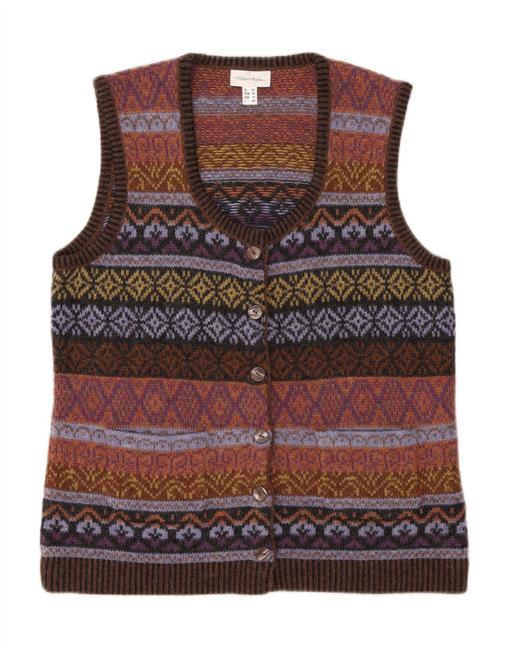 PETER HAHN Maglione cardigan senza maniche da donna UK 16 Large Marrone Fair Isle
