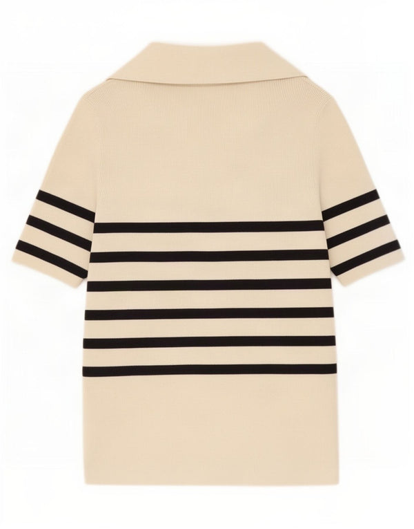 Marks & Spencer Womens Polo Shirt UK 12 Medium Beige Striped Cotton