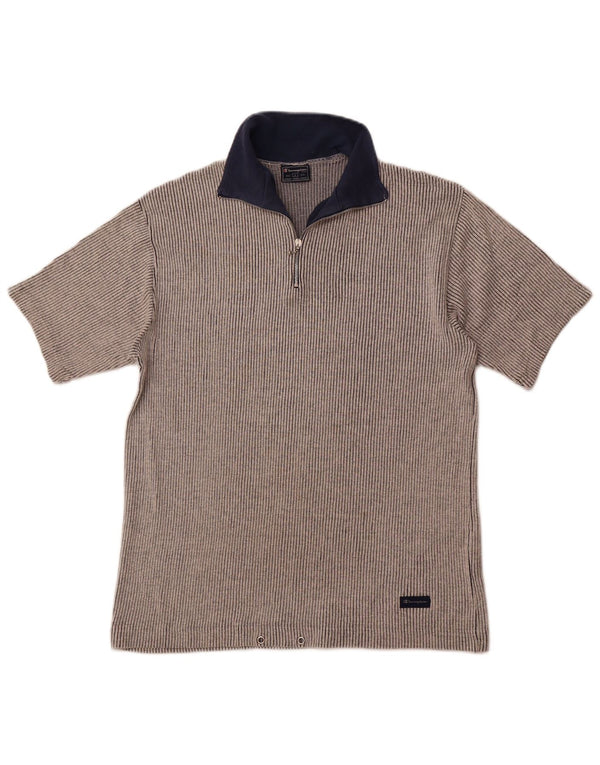 CHAMPION T-shirt da uomo con zip e collo, grande, in cotone gessato grigio
