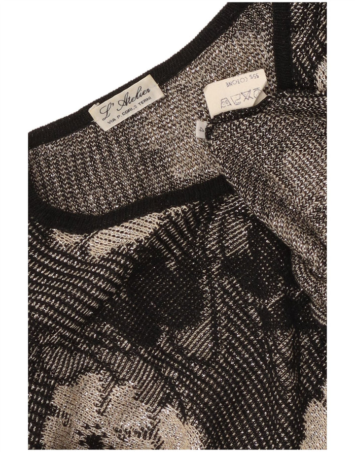 Maglione maglione vintage da donna con collo a bottoni UK 14 medio nero floreale