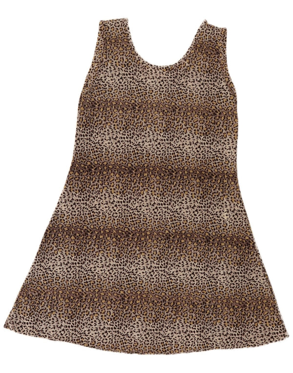 Abito tunica mini senza maniche da donna vintage UK 8 piccola stampa animalier marrone