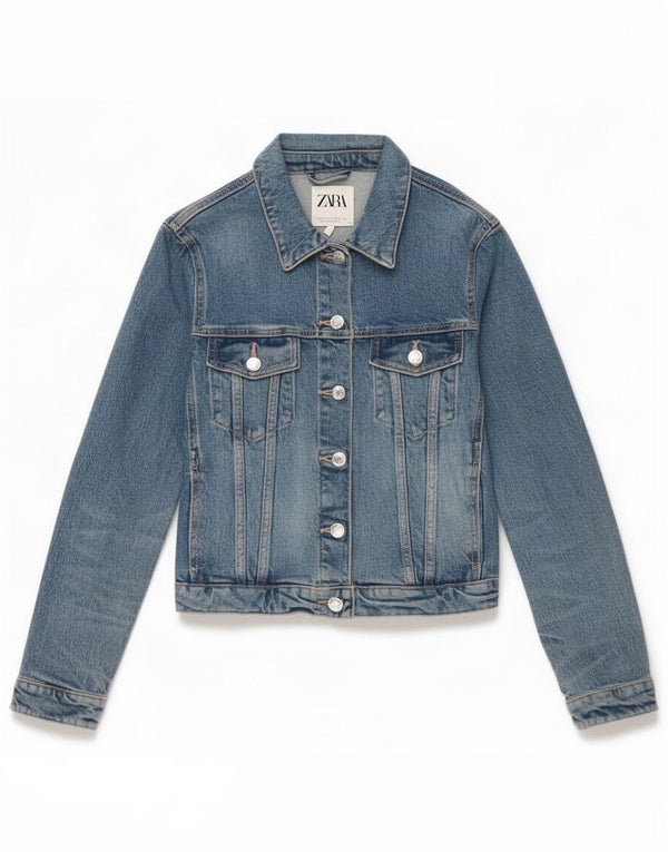 Zara Womens Crop Denim Jacket UK 10 Small Blue Cotton