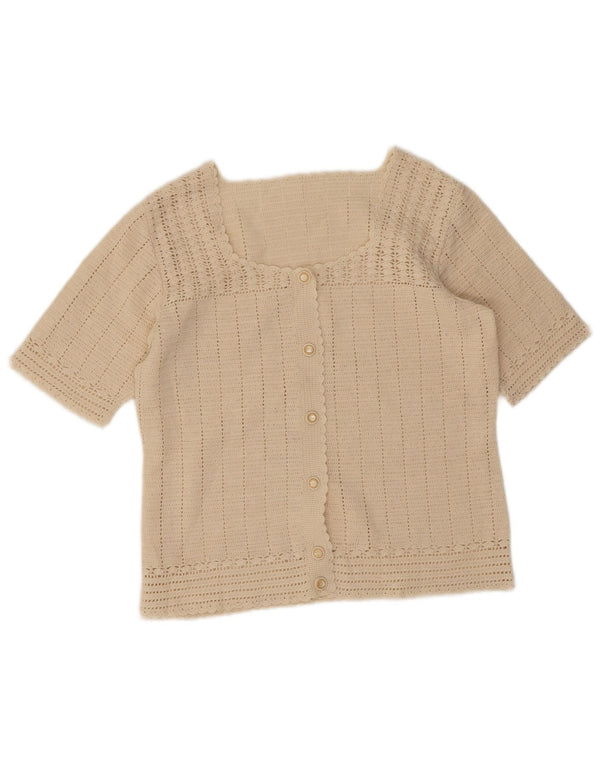 Maglione cardigan a maniche corte da donna vintage UK 10 piccolo beige