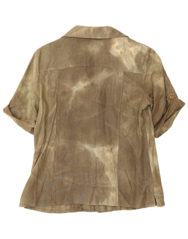 Camicetta camicia a maniche corte da donna vintage UK 12 seta media color kaki tie-dye