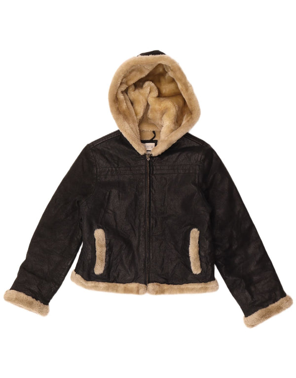 Esisto Womens Hooded Loose Fit Shearling Jacket UK 10 Small Black Leather