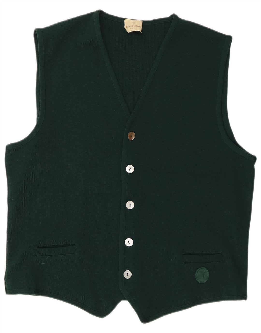 Maglione Cardigan Senza Maniche Uomo Trussardi US 6 Lana Merino Verde Medio