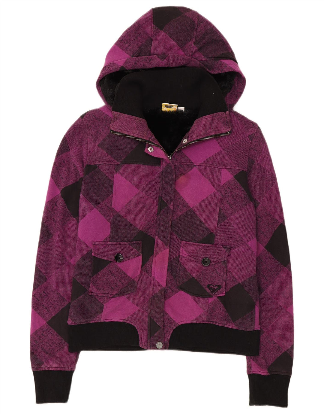 Bomber con cappuccio da donna Roxy UK 12 Cotone a quadri viola medio