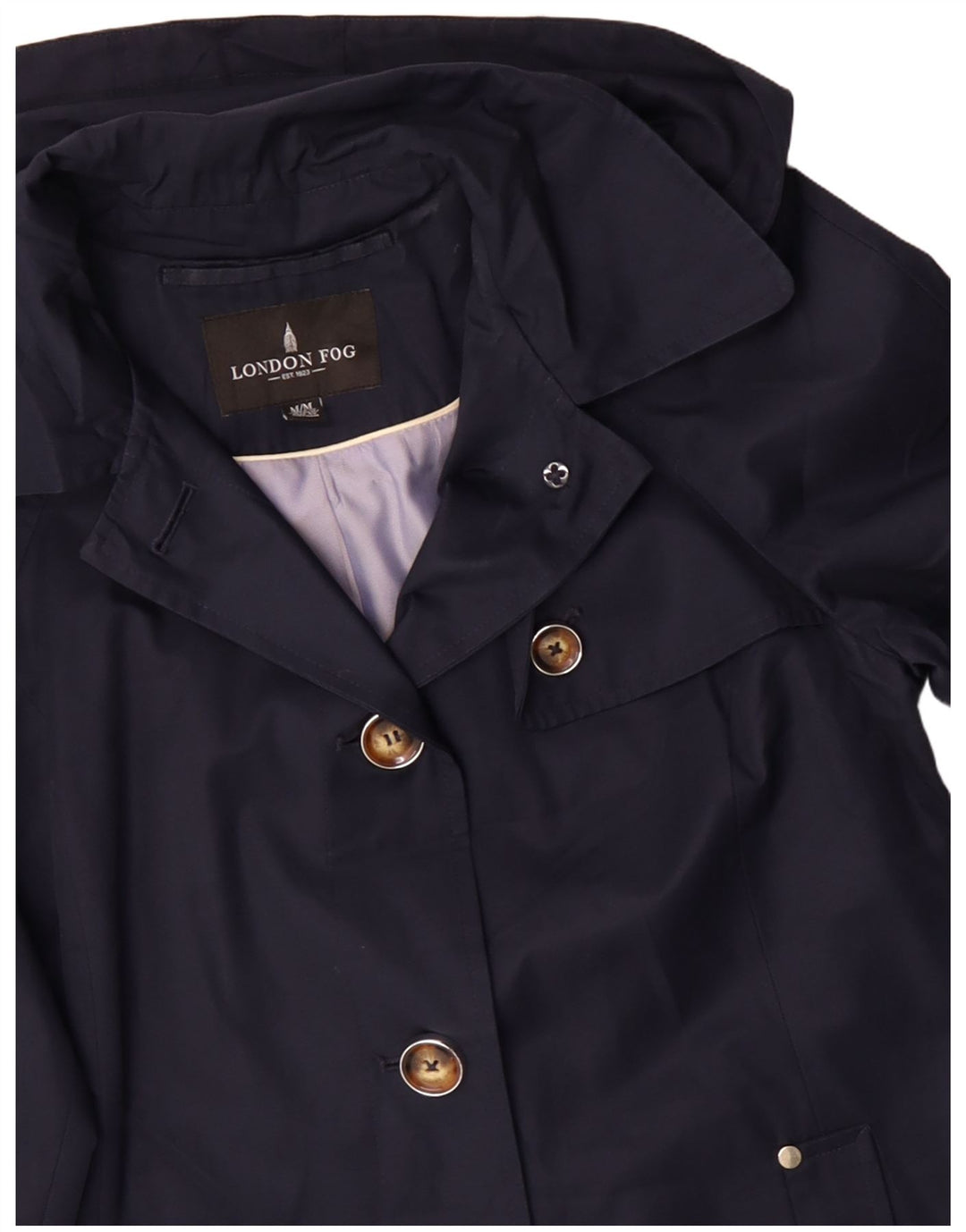 Trench con cappuccio da donna LONDON FOG UK 14 medio cotone blu navy