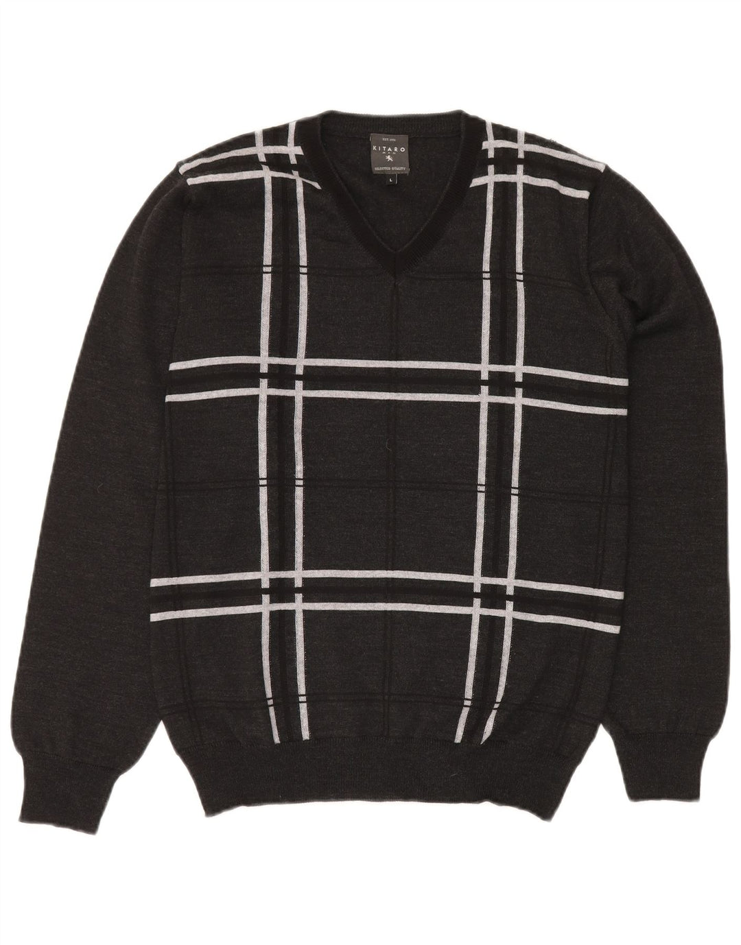 KITARO Maglione da uomo con scollo a V grande lana a quadri grigi