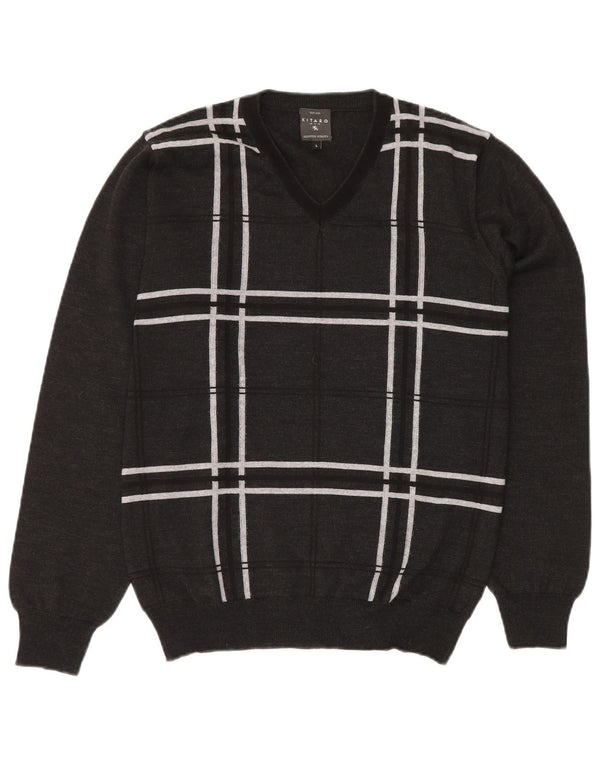 KITARO Maglione da uomo con scollo a V grande lana a quadri grigi