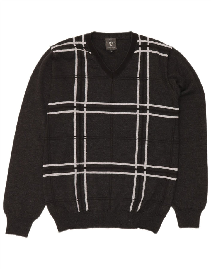 KITARO Maglione da uomo con scollo a V grande lana a quadri grigi