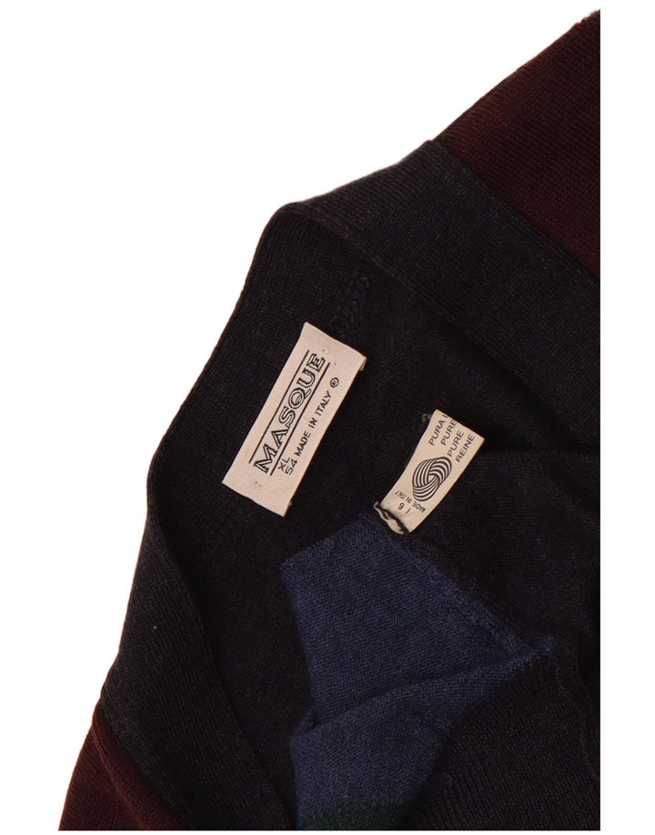 Maglione cardigan da uomo vintage IT 54 XL Lana color block blu navy