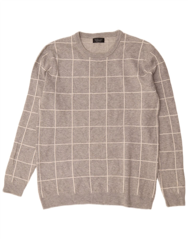 Maglione maglione girocollo da uomo Zara XL in nylon grigio a quadri