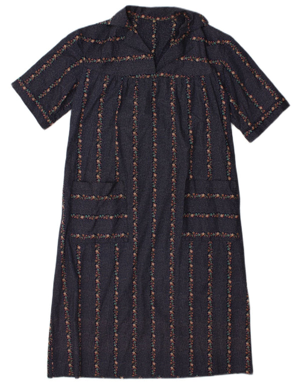 Abito a trapezio da donna vintage UK 12 medio blu navy floreale