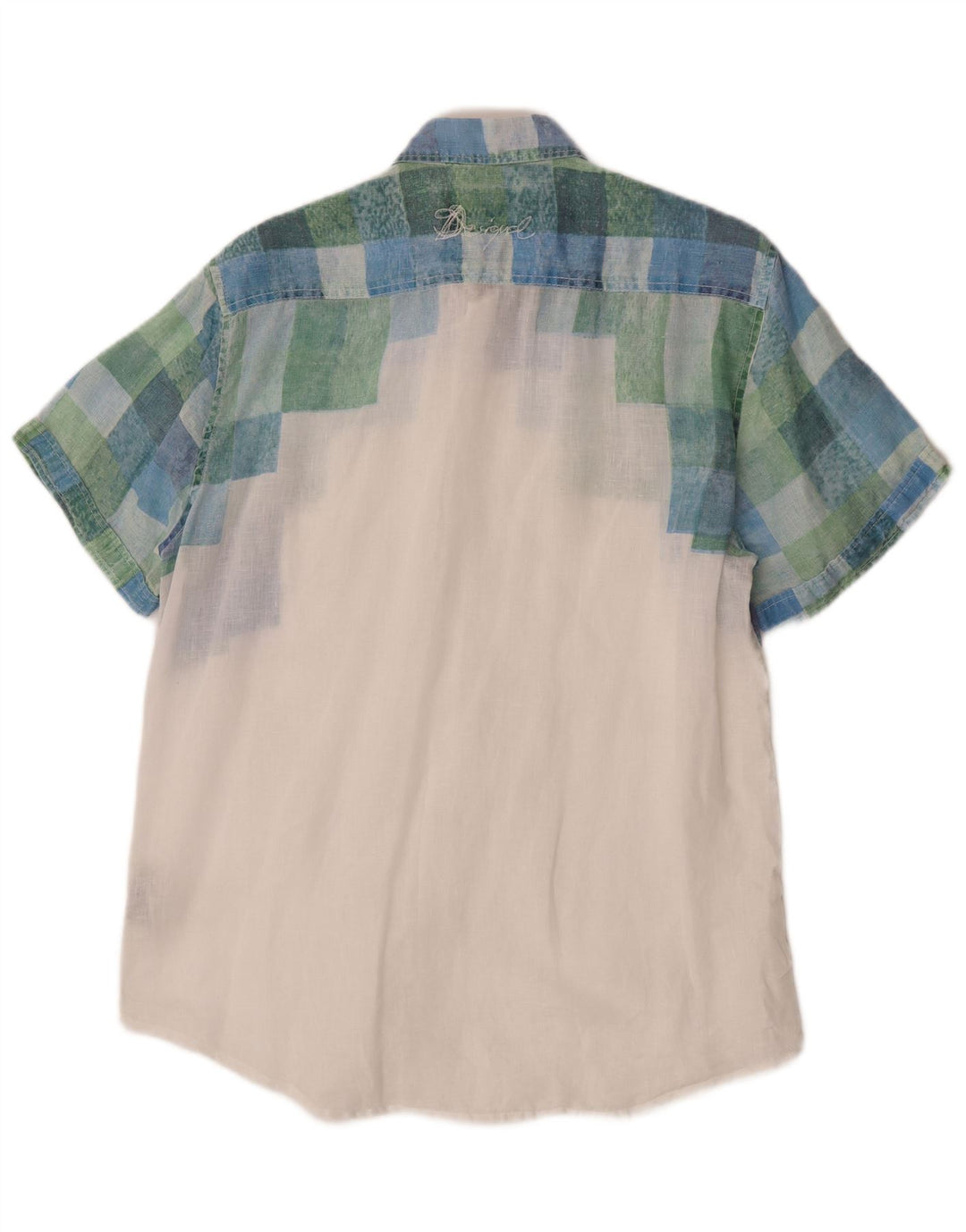 Desigual Camicia a maniche corte con grafica da uomo in lino bianco a quadri grandi