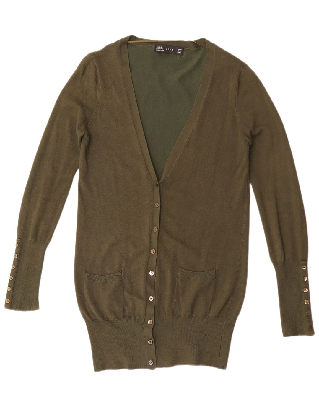 Maglione cardigan lungo da donna Zara UK 12 Rayon kaki medio