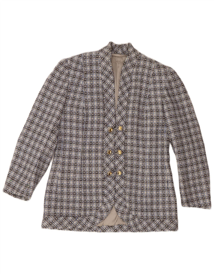 Giacca blazer vintage da donna a 3 bottoni UK 14 blu medio geometrico